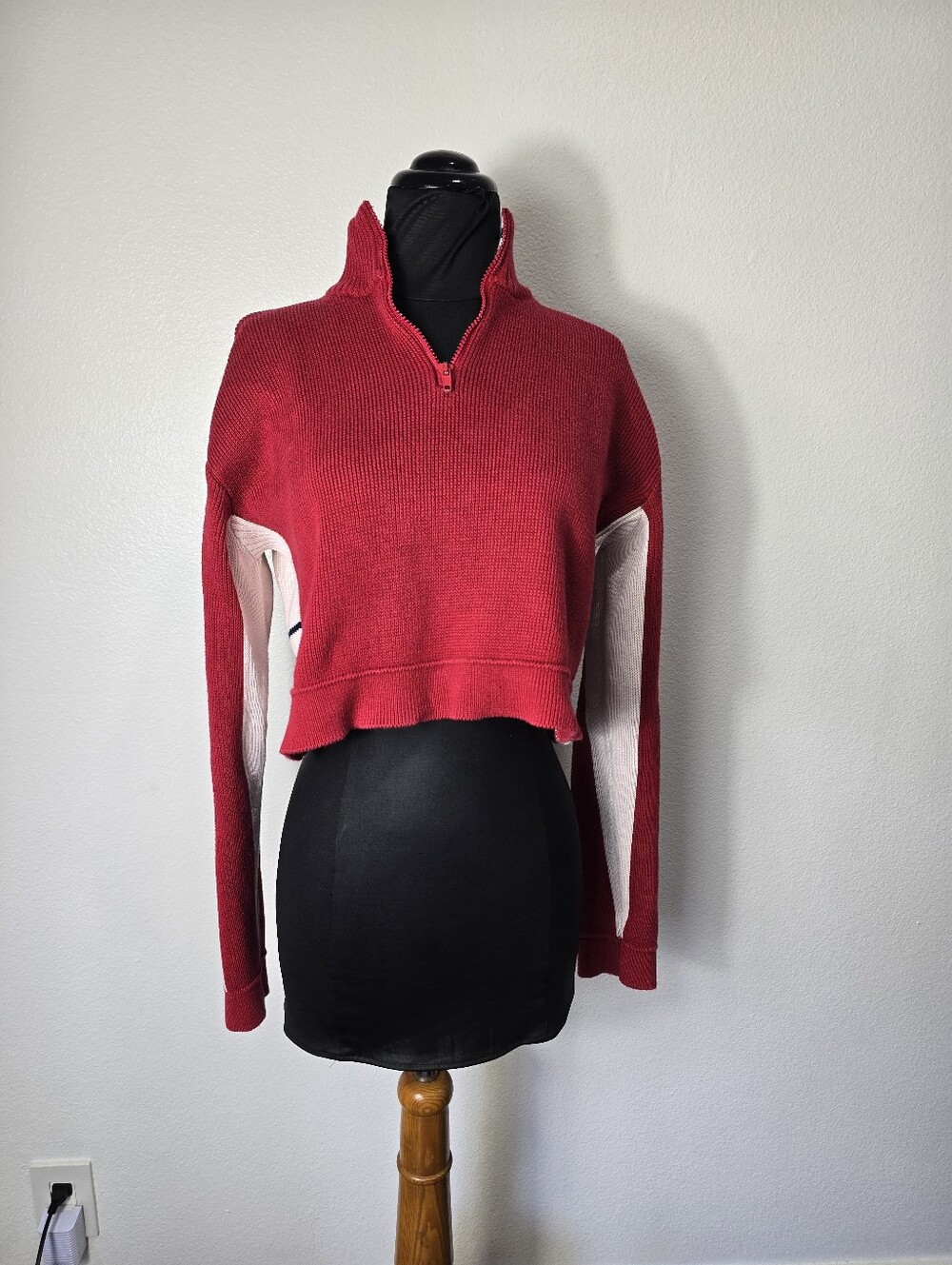Brandy Melville Red Cropped Half-Zip Sweater with Pale Pink Panels